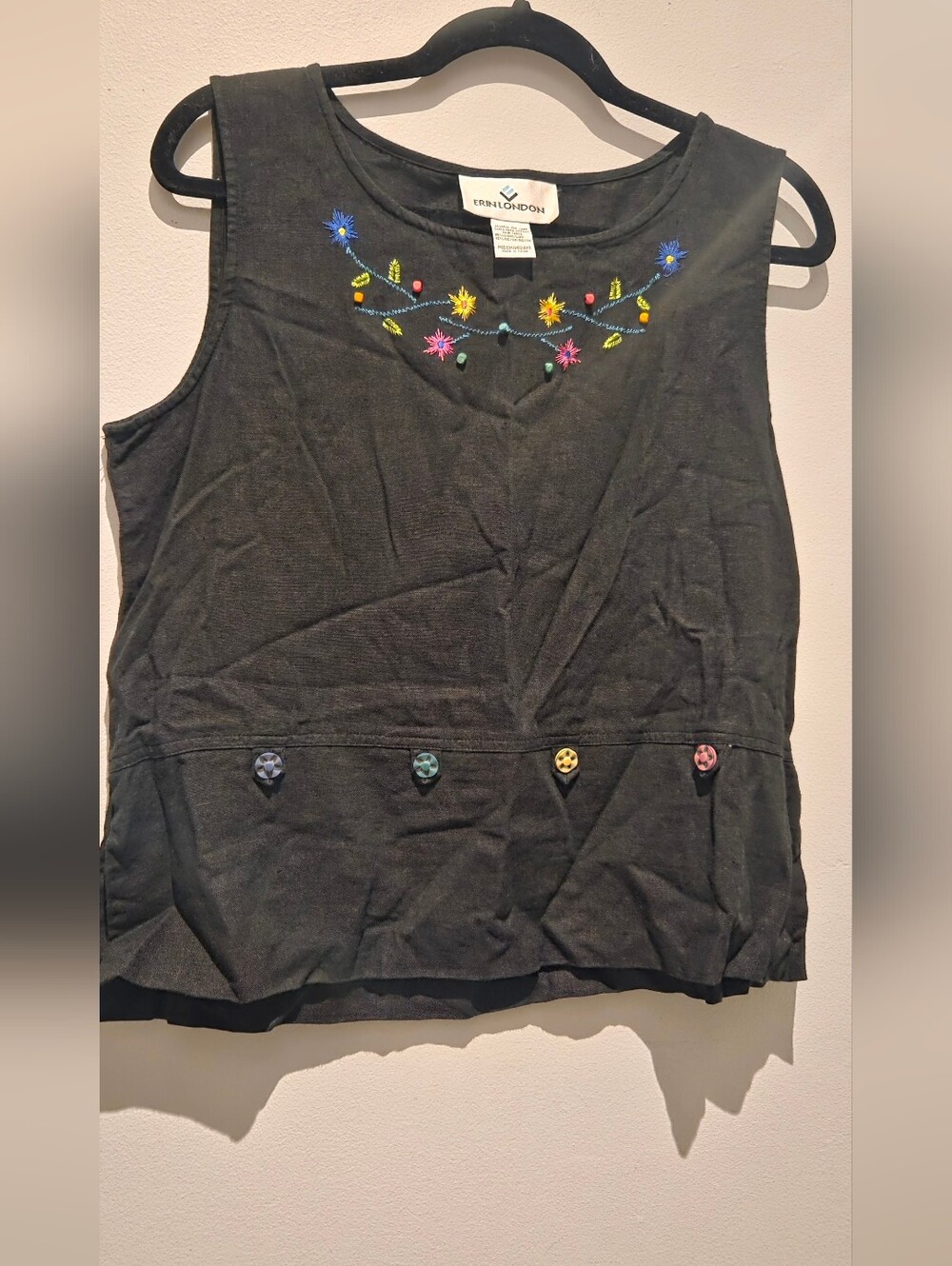 erin london Black Linen Tank with Multicolor Floral Embroidery GUC Size M